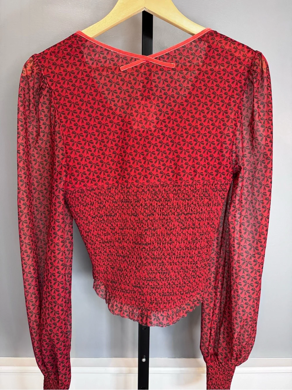 Free People Dottie Knit Top Salsa Red Floral Smocked Blouse Medium NWT